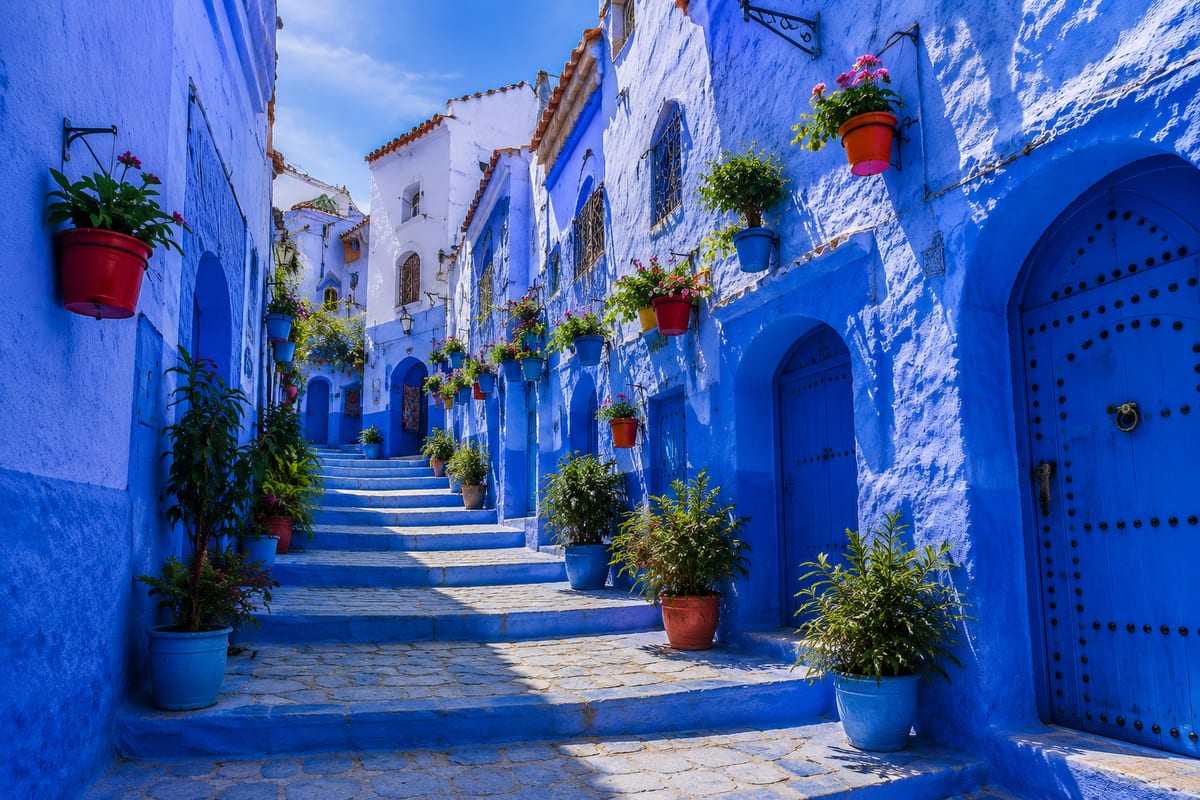Ruelle bleue fleurie de Chefchaouen, la perle du Rif