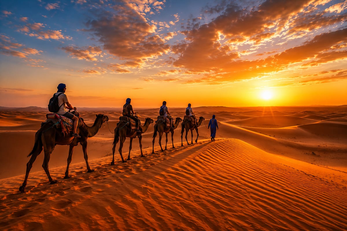 Caravane de dromadaires au coucher du soleil dans les dunes de l'Erg Chebbi, Merzouga